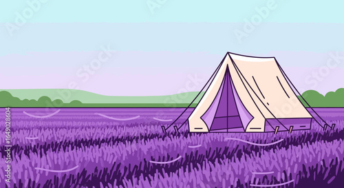 Peaceful Glamping Experience In The Lavender Fields At Sunset Illustration