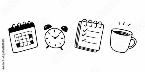 Illustration of a calendar, alarm clock, notepad with checkmarks, and a steaming coffee mug
