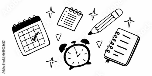 Illustration of a calendar, clock, notepad, pencil, and stars in a black and white doodle style design