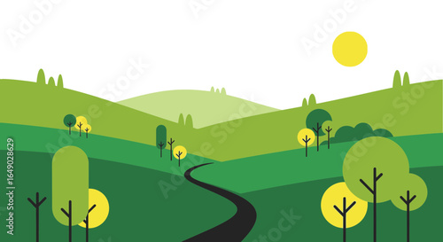 Peaceful Green Valley With Winding Road And Stylized Trees Landscape Artwork