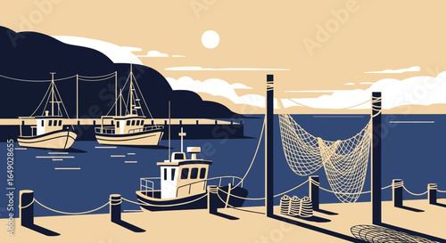 Peaceful Harbor Scene Featuring Fishing Boats and a Traditional Fishing Net