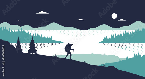 Peaceful Hiker Silhouette Exploring Scenic Landscape Underneath a Full Moon