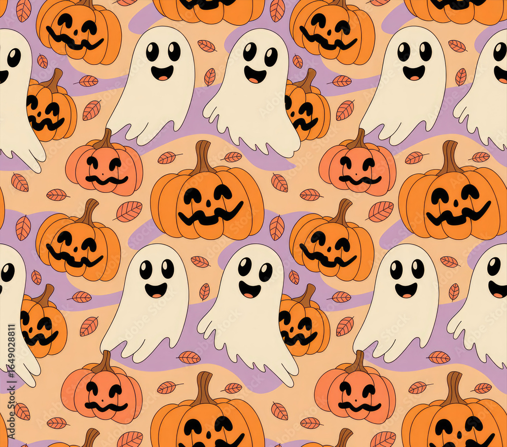 Obraz premium Cute Halloween Ghost and Pumpkin Seamless Pattern — Pastel Kawaii Spooky Background for Kids and Party Decor