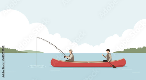 Peaceful Lake Trip Men Fishing From Canoe On A Tranquil Summer Day