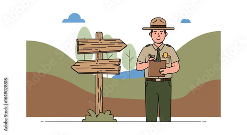 Park Ranger Provides Guidance At Trailhead With Wooden Directional Sign