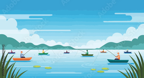 Peaceful Lake Scene With Fishermen Enjoying Angling From Rowing Boats