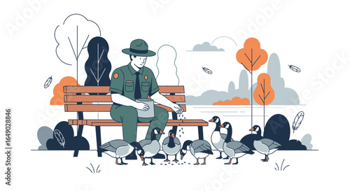 Park Ranger Relaxing On Bench Feeding A Flock Of Canada Geese Illustration