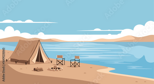 Peaceful Lakeside Camping Scene With Tent Chairs And Campfire Design