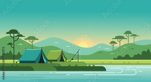 Peaceful Lakeside Camping Scene with Green Hills and Tranquil Water