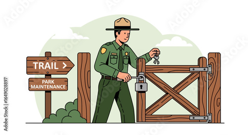 Park Ranger Securing Gate with Key for Maintenance and Safety on Trail