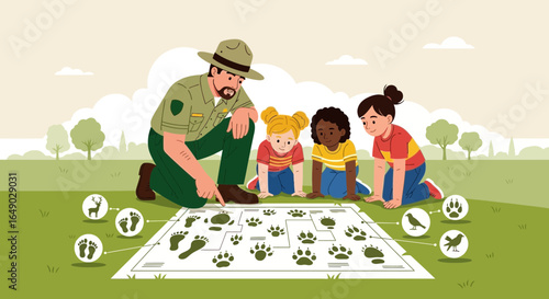 Park ranger teaching children about animal tracks in a natural environment outdoors engaging kids in learning about wildlife conservation and ecology