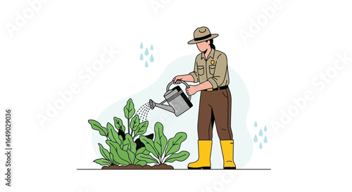 Park Ranger Watering Plants With A Metal Can In The Garden