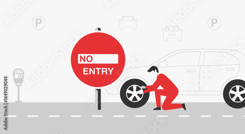 Parking Violation Ignoring Road Sign Concept Flat Tire Changing Car Side
