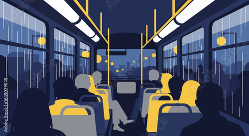 Passengers Ride a City Bus During a Rainy Evening Commute