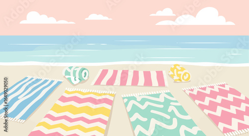 Pastel Beach Scene With Colorful Striped Towels and a Calming Seaside View