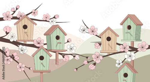 Pastel Birdhouses Nestled Among Blooming Cherry Tree Branches Springtime Delight
