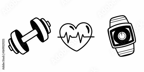 Illustration of a dumbbell, a heart with a pulse line, and a smartwatch in black and white style