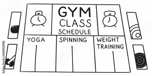 Illustration of a gym class schedule featuring yoga spinning and weight training with clocks and equipment