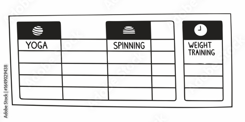 A weekly fitness schedule with yoga spinning and weight training tracked in a black and white planner style