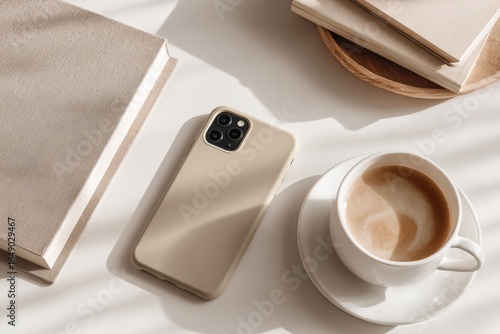Beige Smartphone, Coffee Cup, and Books on a White Table