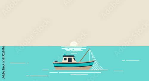 Peaceful Ocean Scene With Fishing Boat Silhouette At Sunset Vector Graphics