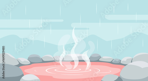Peaceful Onsen Experience In The Rain With Steaming Hot Spring Waters