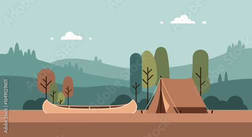 Peaceful Outdoor Adventure Flat Design Camping Scene With Canoe And Tent
