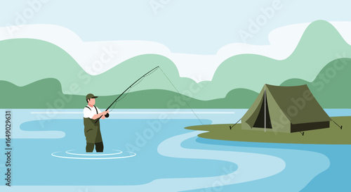 Peaceful Outdoor Adventure Scene Man Fishing and Camping Near Mountains