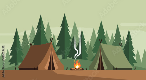 Peaceful Outdoor Adventure With Camping Tents And Campfire In Forest Trees