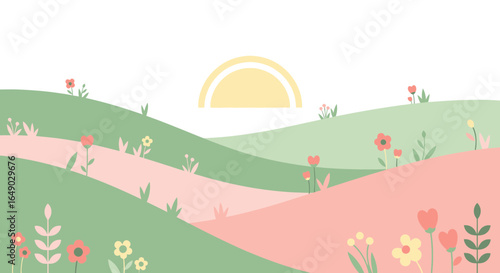 Pastel Landscape Of Rolling Hills And Blossoming Wildflowers At Sunset