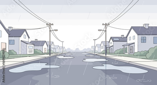 Peaceful Rainy Day In a Suburban Neighborhood With Puddles on The Street