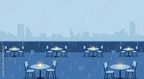 Peaceful Rainy Evening At A Cozy Cafe With City Skyline In The Background
