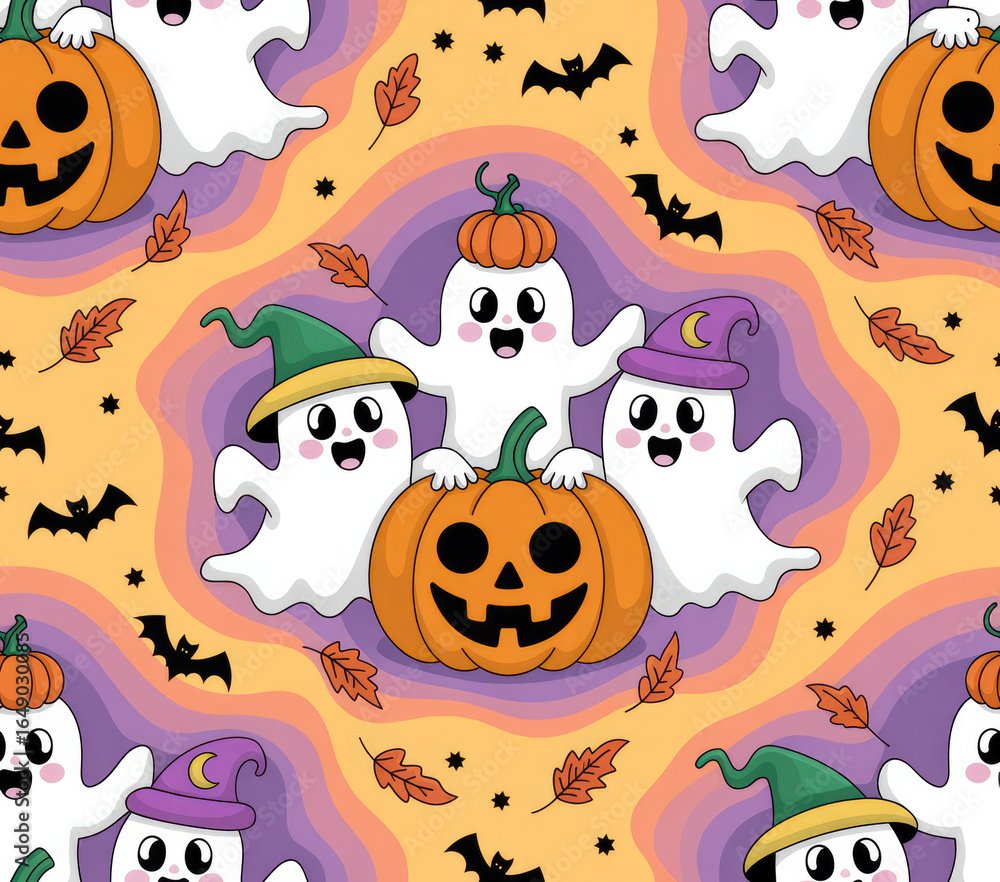 Fototapeta premium Cute Halloween Ghost and Pumpkin Seamless Pattern — Pastel Kawaii Spooky Background for Kids and Party Decor