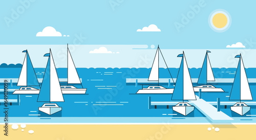 Peaceful Sailboats Docked At Pier On Sunny Coastline Summer Holiday Destination