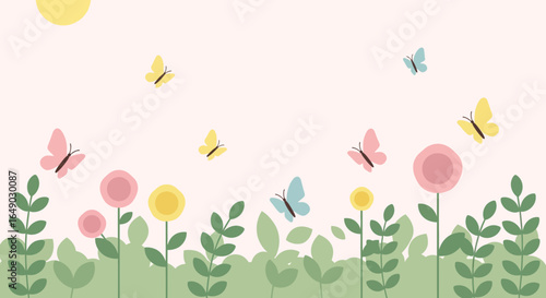 Pastel Spring Scene With Butterflies Flying Among Flowers And Foliage