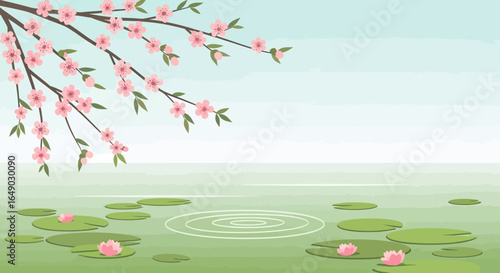 Peaceful Scene Of Cherry Blossom Over Tranquil Water With Lily Pads