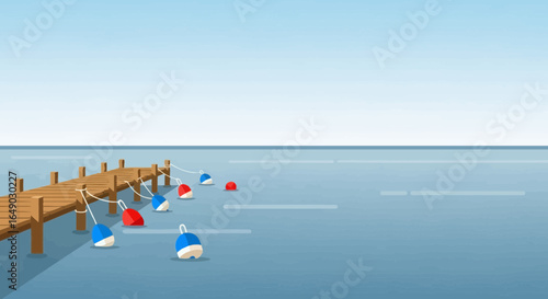 Peaceful Seascape Featuring A Wooden Pier And Buoys On A Clear Day
