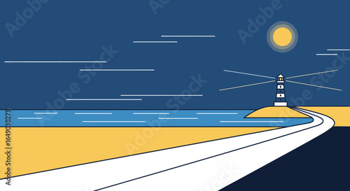 Peaceful Seaside Lighthouse Illustration With Minimalist Design During Nightime