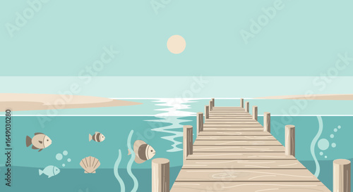 Peaceful Seaside Scene With Pier Tranquil Waters And Cartoon Underwater Life