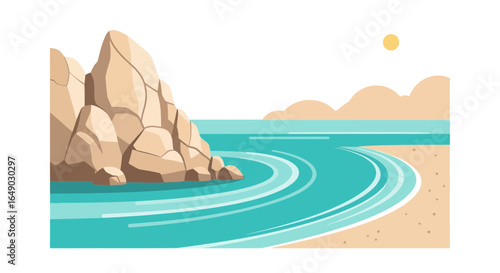 Peaceful Seaside View With Cliffs Sandy Beach And Gentle Waves On A Sunny Day