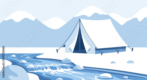 Peaceful Tent Scene By A River Surrounded By Majestic Mountains