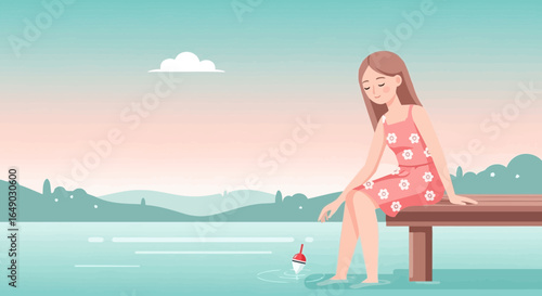 Peaceful Afternoon Young Woman Enjoying Tranquility On Lake Dock Outdoors