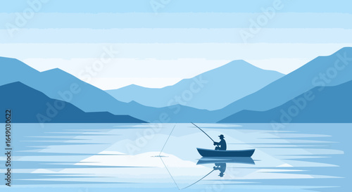 Peaceful Angler Engaged In Tranquil Lake Fishing With Mountain View