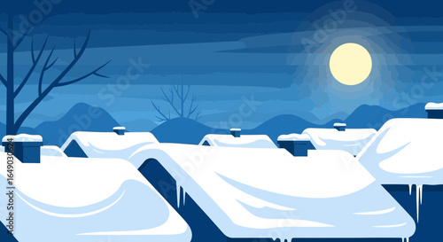 Peaceful Winter Evening Scene With Snow Covered Rooftops And Moonlight