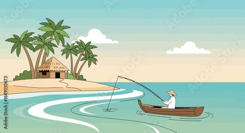 Peaceful Angler Fishing Near Tropical Island Paradise On A Bright Sunny Day