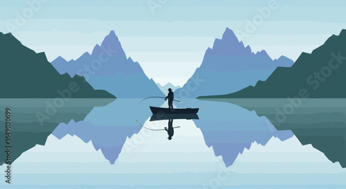 Peaceful Angler In A Mountainous Lake With Mirroring Reflections