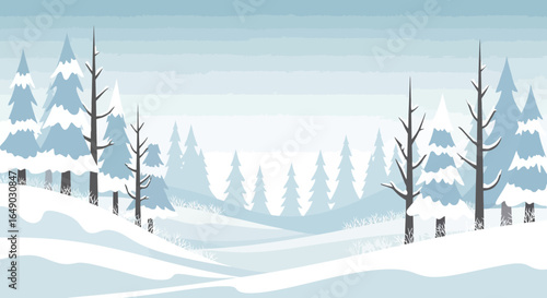 Peaceful Winter Scenery With Snowy Forest And Pastel Blue Landscape Design