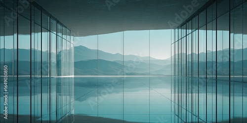 Modern, minimalist interior with glass walls, reflecting a serene mountain landscape and a tranquil pool