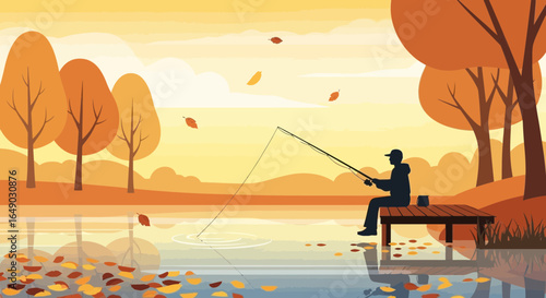 Peaceful autumn fishing scene with silhouette of a fisherman on a pier and trees