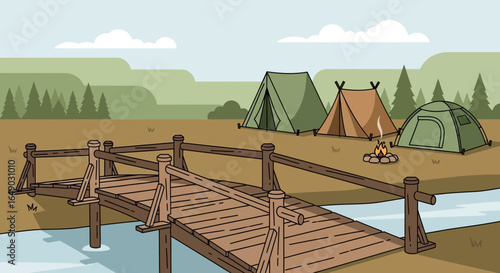 Peaceful Campground Scene With Bridge And Tents Near Forest And River